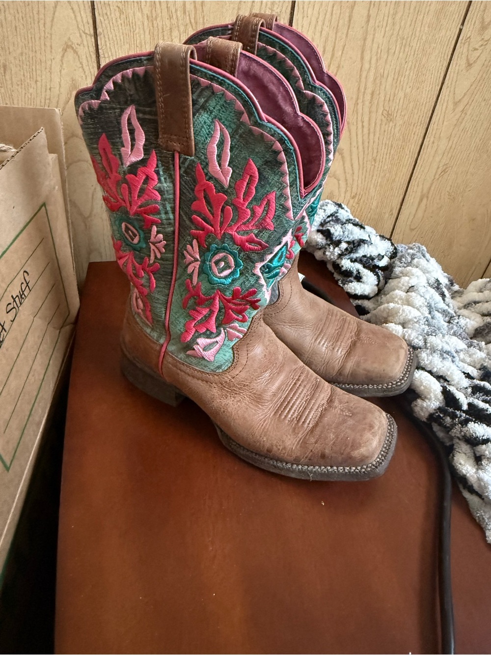 Ariat Brown Leather Cowboy Boots with Teal & Pink Embroidered Shaft
